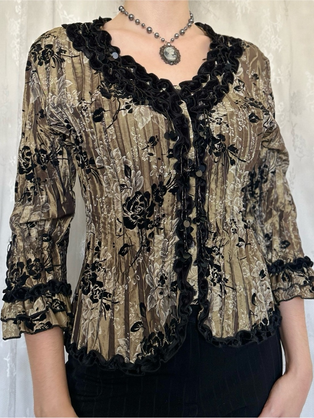Vintage Whimsygoth Fairycore Green & Black Blouse